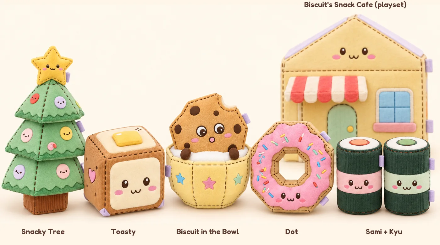 The whole papercraft cast as plush: Snacky Tree, Toasty, Biscuit in the Bowl, Dot, Sami and Kyu, and Biscuit's Snack Cafe