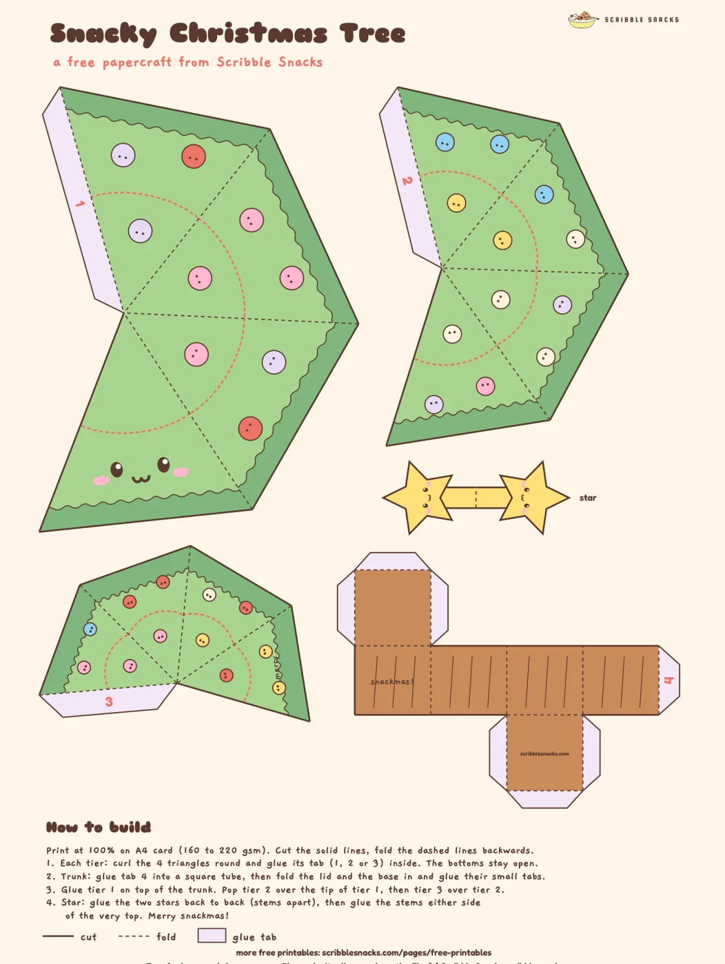 Snacky Christmas Tree papercraft sheet with smiling baubles and a star