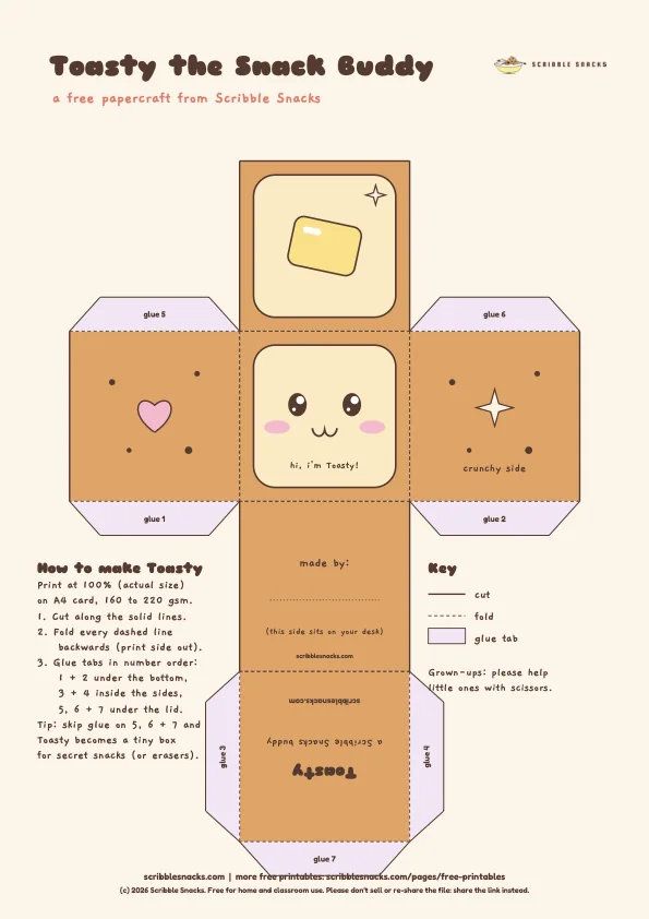 Free Toasty the Snack Buddy papercraft sheet