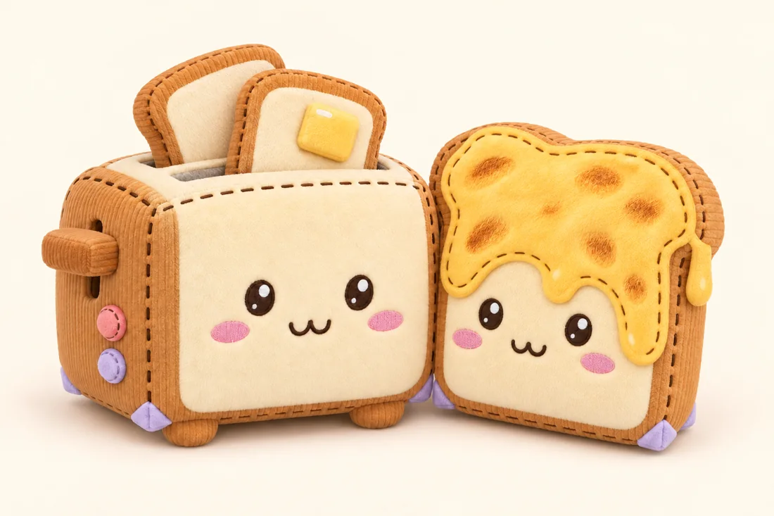 Toasty the toaster and Cheesie the cheese toast as soft plush characters, side by side