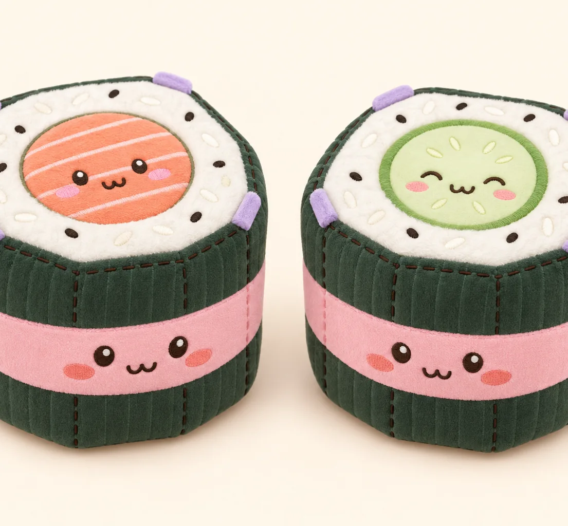 Sami the Salmon and Kyu the Cucumber sushi roll plush side by side