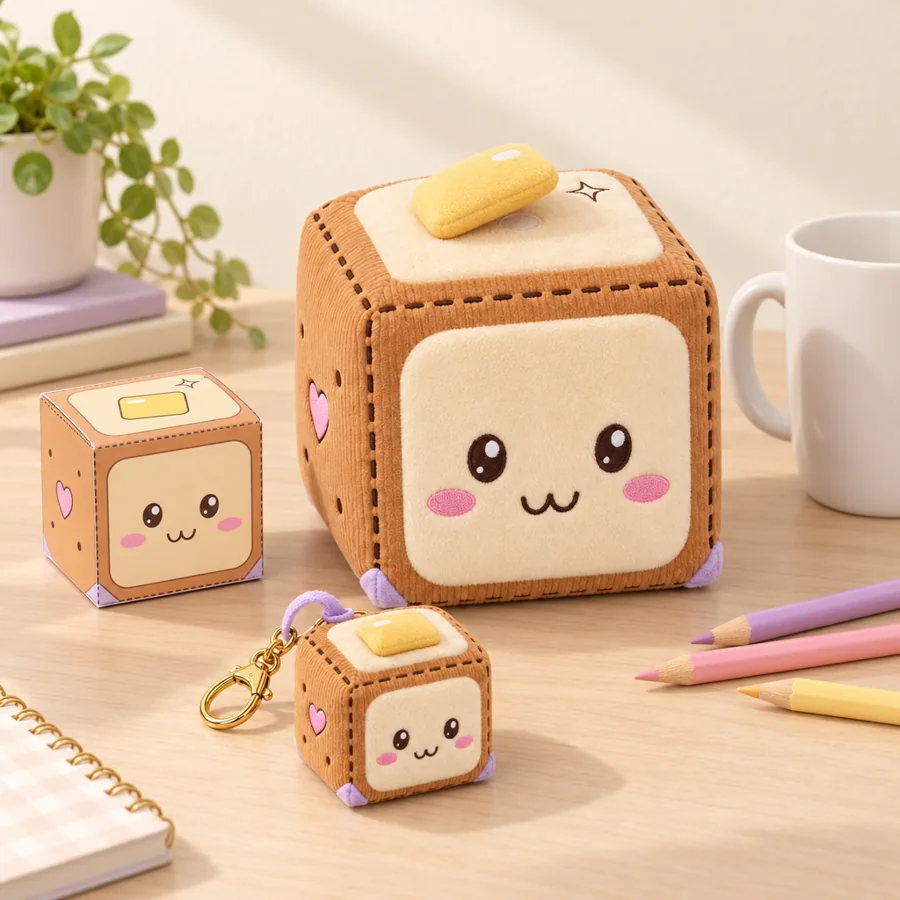 A paper Toasty cube next to a Toasty plush and a tiny Toasty keyring on a desk with pencils