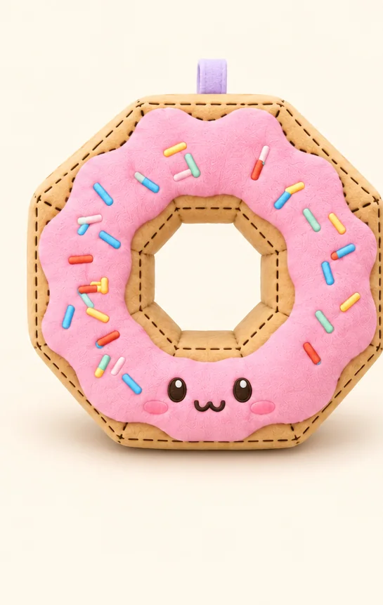 Dot the donut plush with pink icing and sprinkles
