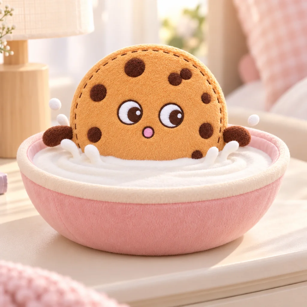 Biscuit the cookie plush taking a dip in a pink bowl of milk